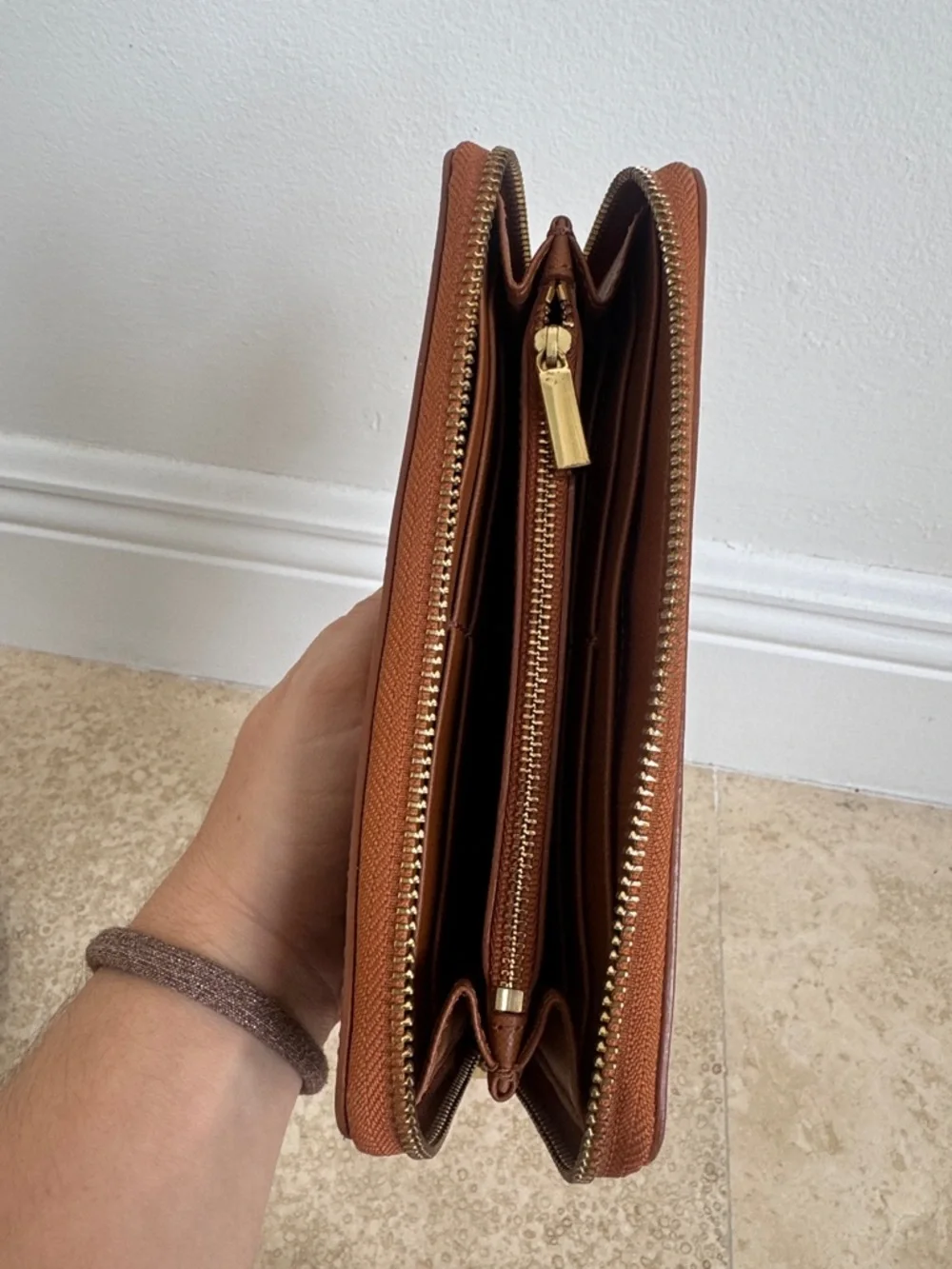 Tory Burch Perforated Zip Wallet - Tan Brown with Gold Logo